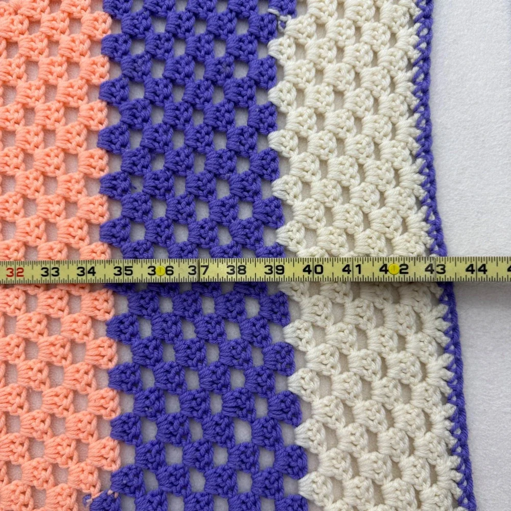 Handmade Crochet Granny Square Blanket Peach Purple Cream Colorblock Throw 45x43